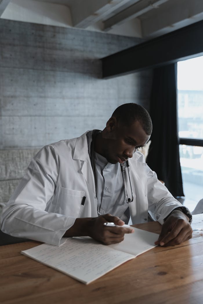 A doctor in a lab coat sits at a table reviewing medical notes in a modern clinic setting.
